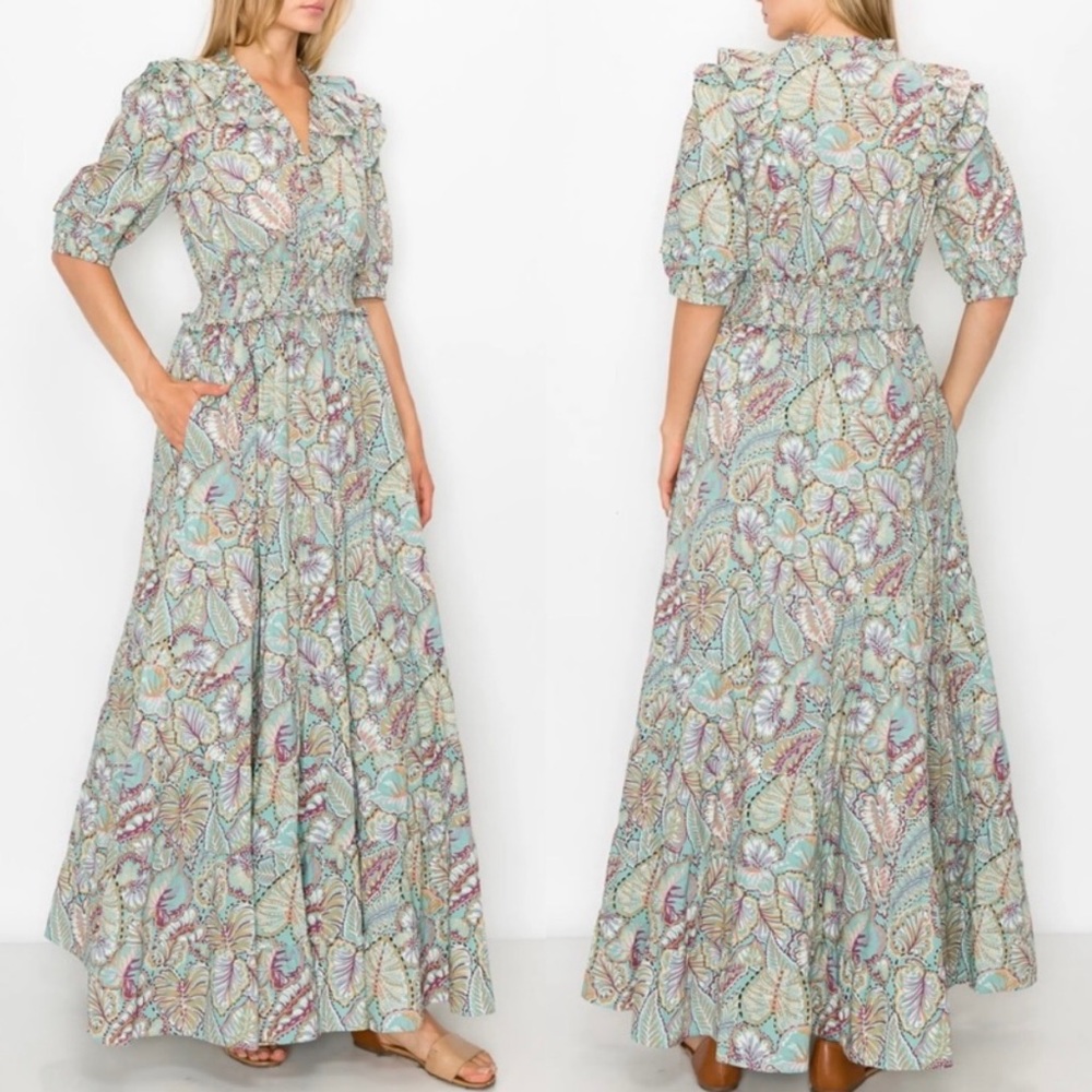 Melloday Womens Floral tropical Print Tiered Maxi Dress Sz Medium Green Ruffle - Picture 2 of 12